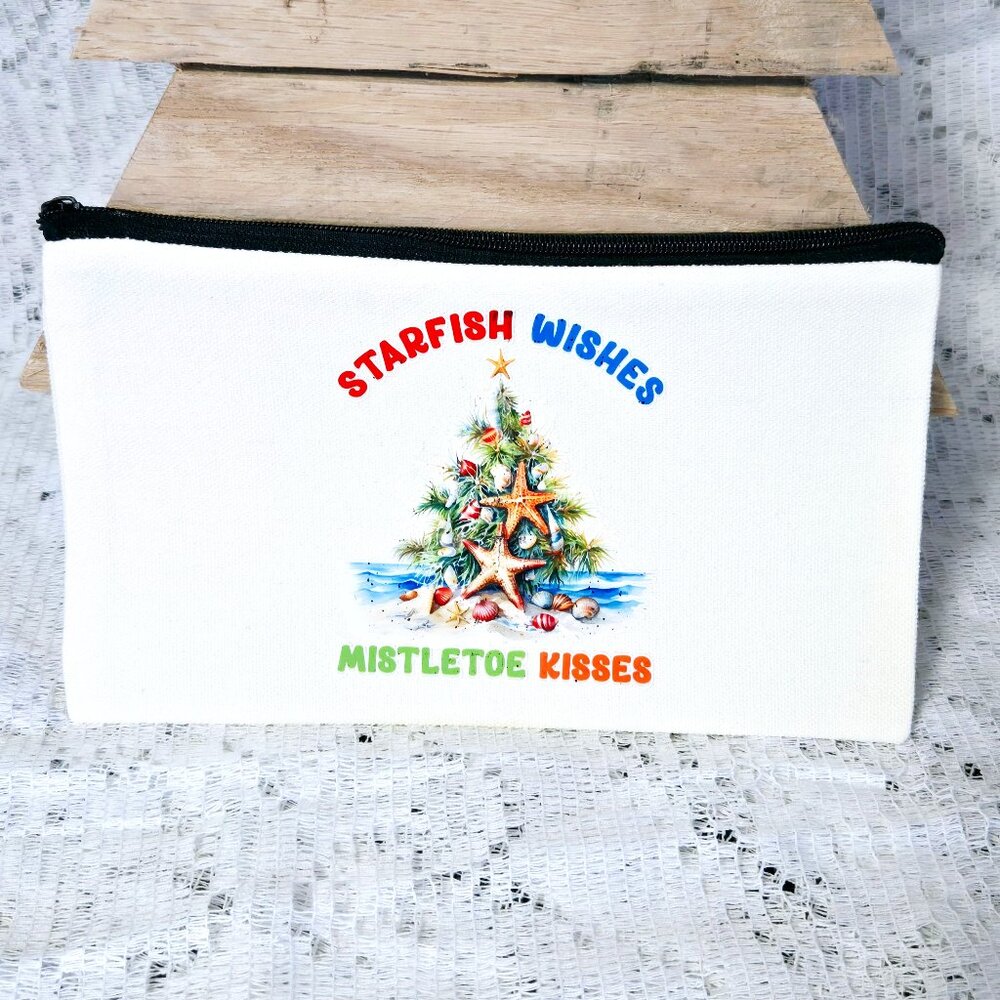 NEW SMALL CANVAS ZIPPER POUCH, COSMETIC BAG, STARFISH WISHES MISTLETOE KISSES 8"